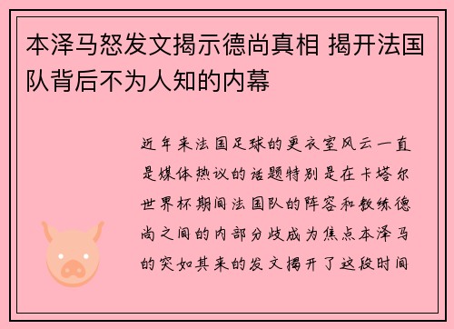 本泽马怒发文揭示德尚真相 揭开法国队背后不为人知的内幕